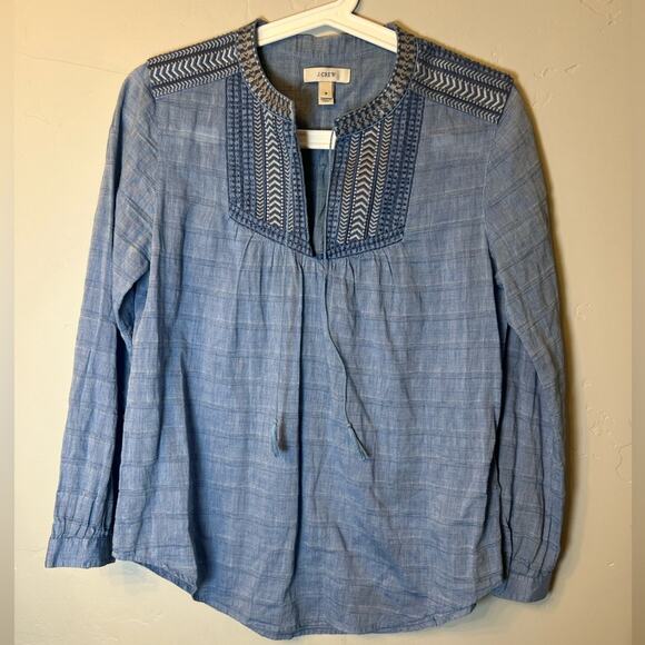 J. Crew Women’s Embroidered Bib Long-Sleeve Chambray Tunic - Picture 1 of 4
